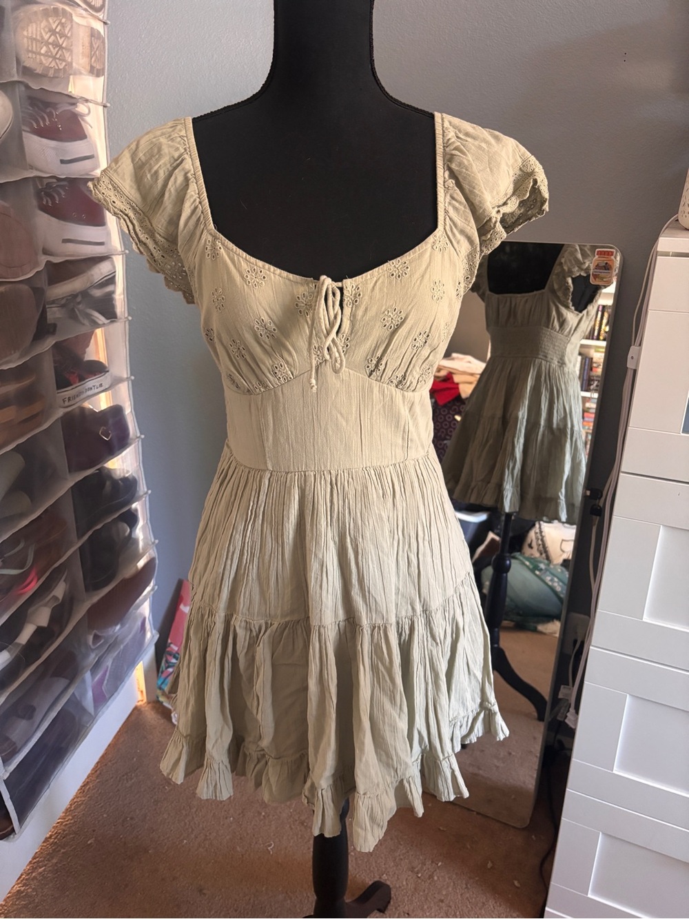 American Eagle Outfitters Light Olive Eyelet Tiered Mini Dress